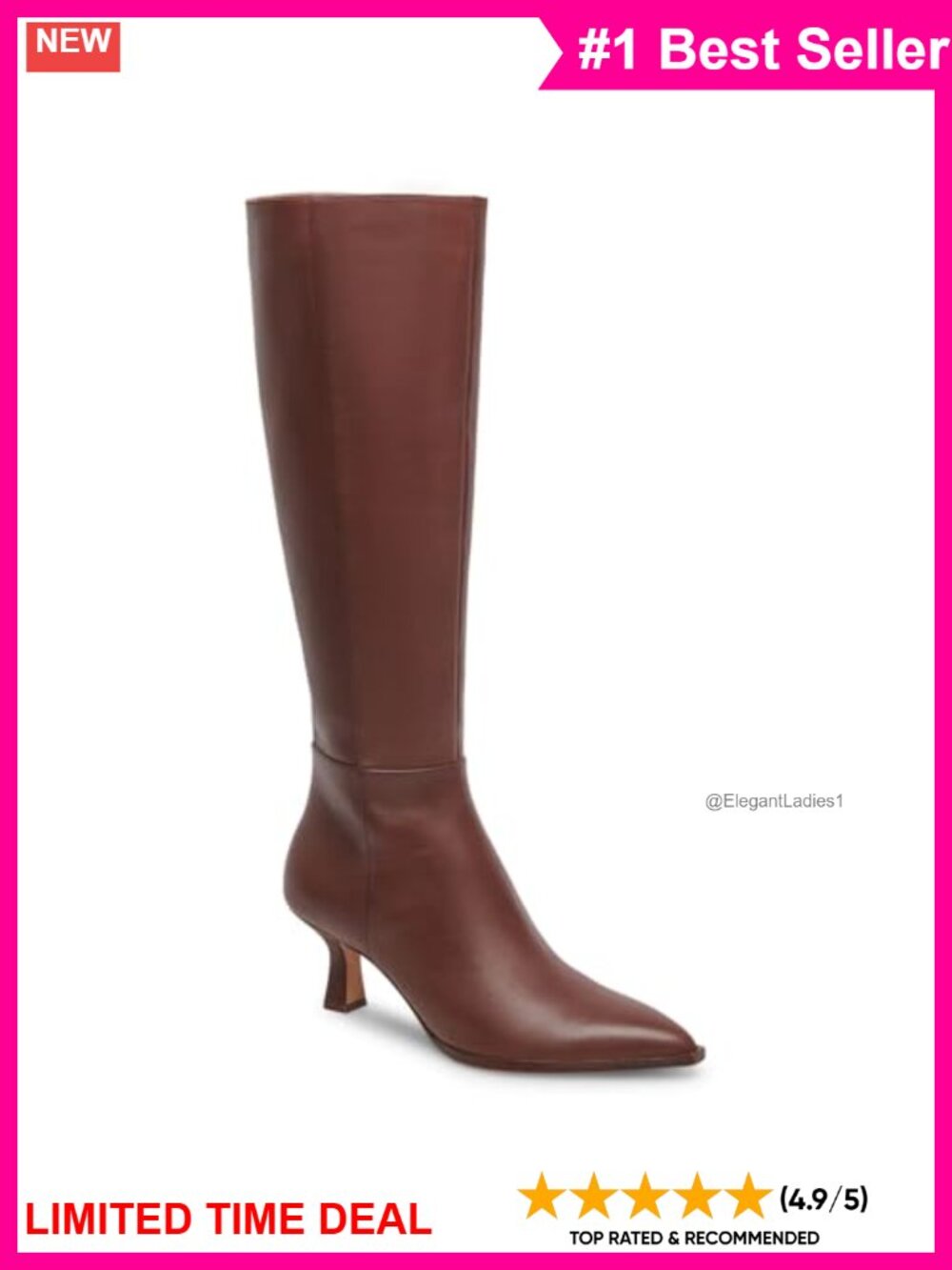 Knee High Boots Pointed Toe Kitten Heel Side Zip Wide Calf Dress Boots
